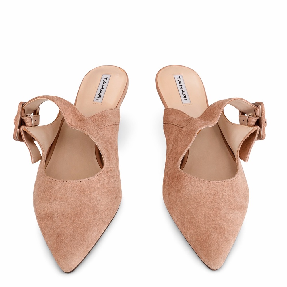 Tahari Blush Pink Suede Pointed Buckle Mules